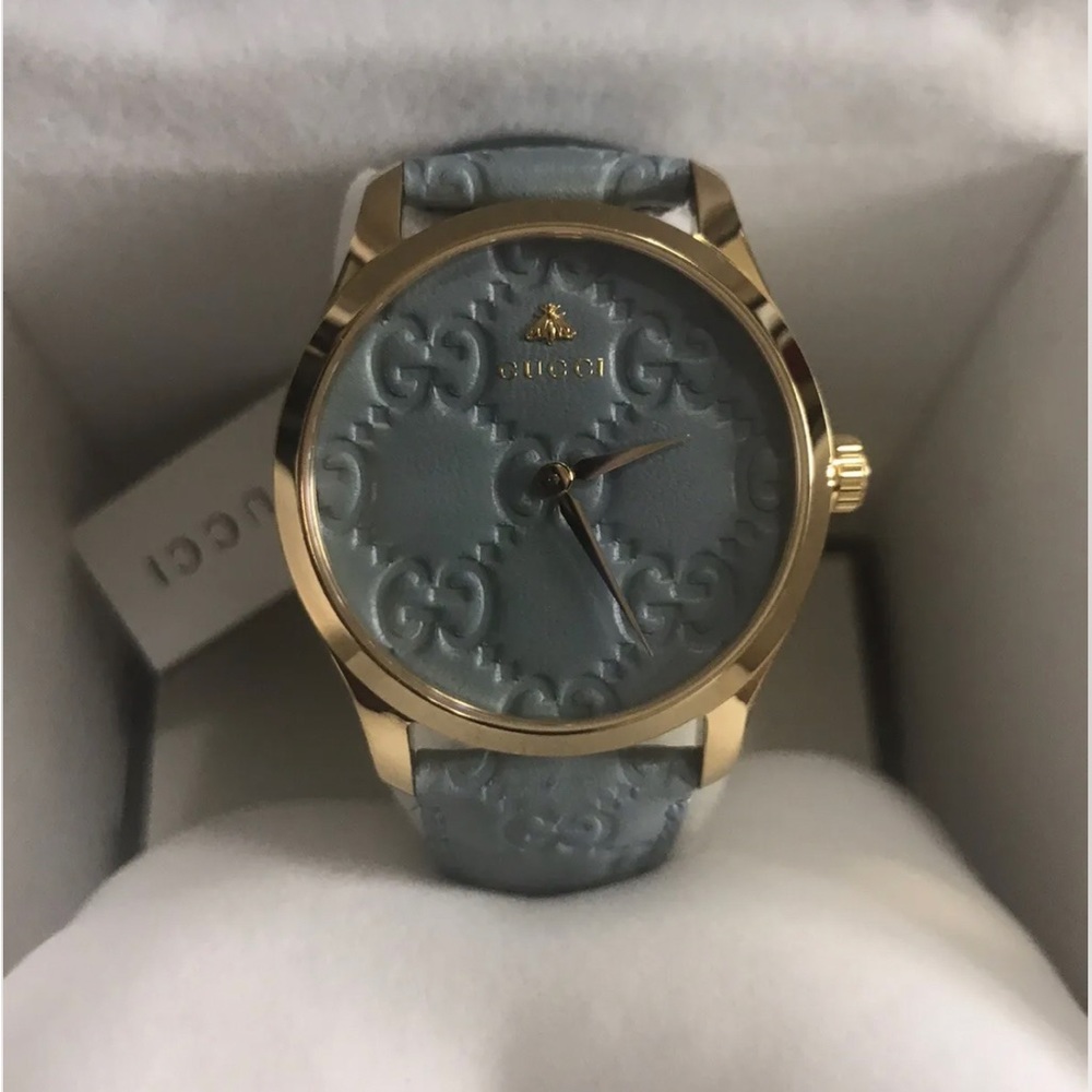 COPY - GUCCI WOMENSWEAR G-TIMELESS SIGNATURE LEATHER STRAP WATCH BABY BLUE AND … - Picture 2 of 9